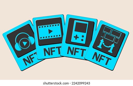 3D NFT token cards in cryptography. NFT cards with game, music, video and art. A non-fungible token with information from the blockchain. ERC20. vector