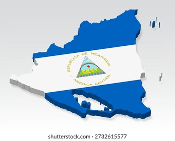Mapa 3D da Nicarágua com bandeira. Mapa tridimensional da Nicarágua com sombra. Bandeira da República da Nicarágua no fundo branco para o seu design, aplicativo, interface do usuário. EPS10. 