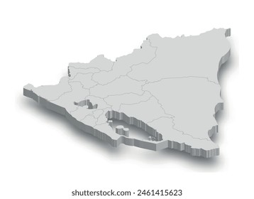 3d Nicaragua mapa blanco con regiones aisladas sobre fondo blanco