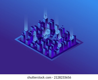 3d night modern city. Simple low poly architecture for infographic. Isometric vector illustration.
