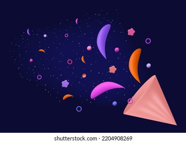 3d night party, vector banner. Opening of the festival or event. Spectacular program, template for the big awards ceremony. Advertising, poster or invitation for the opening party with confetti.