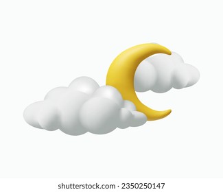 3D night sky. Realistic moon and clouds. Vector illustration on clay style. Weather forecast icon partly cloud. Astronomy objects. Bedtime and dream symbols