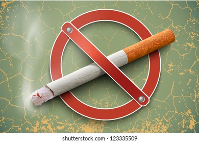 3D no smoking sign with a realistic cigarette on a vintage background