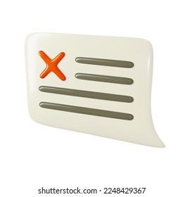 3d no text bubble, declined dialog box, cross sms message tag or rejected comment vector icon. Negatine feedback tag, stop notification, wrong forum post.