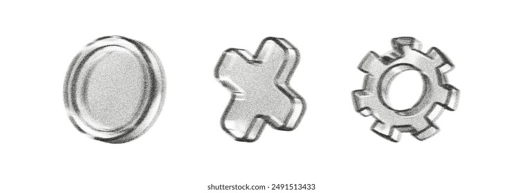 3d noise gear, cross, coin with grainy gradient effect in y2k style isolated on white. Gritty shape with spray dot texture with light and shadow. 3d vector retro y2k figure