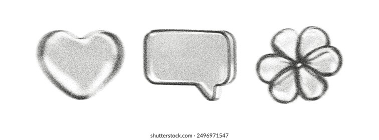 3d noise heart, flower, speech bubble with grainy gradient effect in y2k style isolated on white. Gritty shape with spray dot texture with light and shadow. 3d vector retro y2k figure