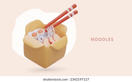 3D noodles with eggs, meat in portion box, wooden chopsticks. Asian cuisine. Served takeaway food. Dish with spices. Advertising concept with place for text