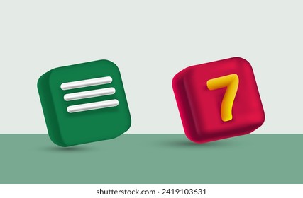 3d note icon and number 7 box in red and green colors.