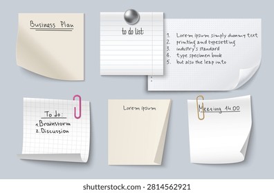 3d notebook paper sheets with ripped edges and white memo stickers. Vector realistic set of school or office notes attached to board with pin and paperclip, creative pieces collage design elements