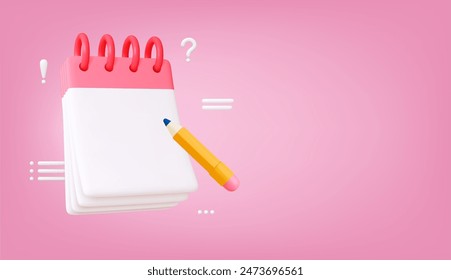 3d notebook with pencil. Empty white pages, news ideas or education. Calendar mockup template, render realistic banner design. Vector illustration