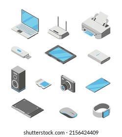 Iconos vectoriales isométricos de equipos ofimáticos, electrónicos portátiles. Conjunto de dispositivos, dispositivos y tecnologías digitales de computadora 3d