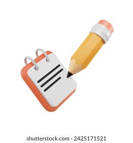 3d notebook with yellow pencil. Tiny elements render in plastic style and pastel colors. Pencil with eraser writing in copybook. Vector isolated illustration. Cartoon document. Stationery supply.
