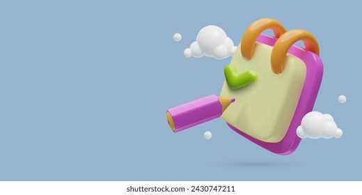 3d notepad with checkmark and crayon on clouds background. Task checklist, to do or wish list three dimensional cute vector business illustration.