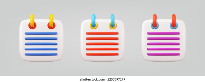 3d notepad icon set. realistic diary vector illustration. design elements collection in cartoon minimal style