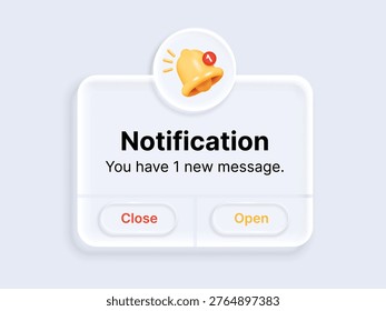 3D Notification Alert Popup with Bell Icon. Glassmorphism Liquid Glass UI Message Box Interface Design Vector