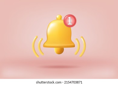 3D notification bell alert icon with color object floating around on pastel background. new message alert 3d concept for social media element. 3d bell alert with notification isolated background.