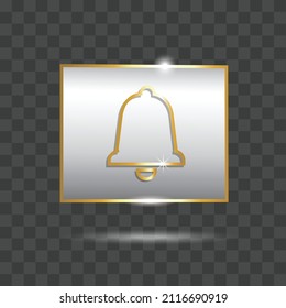 3D Notification Bell Button Icon inside frame Gold and Silver colors isolated  on Transparent Background Graphic Element for Video Channels, Social Media, Website, Advertising Banners Element and else