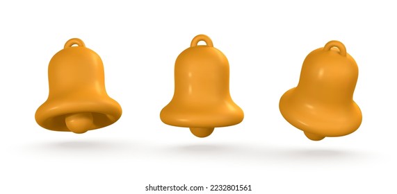 3d notification bell. Cute realistic yellow ringing bell. Vector illustration.