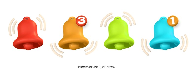 3.ª campana de notificación. Curiosa campana sonora amarilla realista. Ilustración vectorial.