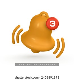 3d notification bell. Cute realistic yellow ringing bell. Vector illustration.