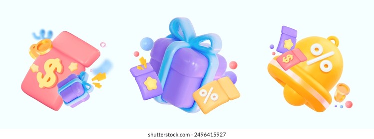 3d notification bell, gift and coupon icon set. Bonus with ticket and coins. A purple gift surrounded by discount coupons.