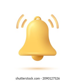3d notification bell icon in cartoon style. 3D gold bell isolated on white background. Icon for new message, reminder, alert and alarm. Vector illustration.