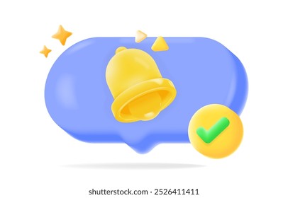 3d Notification bell icon with a checkmark in a blue speech bubble, representing alerts or reminders. illustration vector