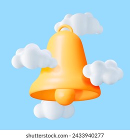 3D Notification Bell Icon in Clouds. Golden Render Ringing Bell. Gold School Bell and Chat Cloud Mockup. Alert and Alarm Symbol. Social Media Network Notification Reminder. Vector Illustration