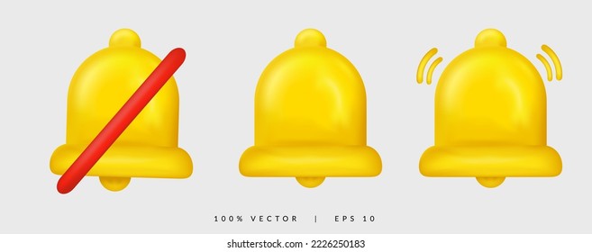 Icono de timbre de notificación 3d. Campana amarilla dorada con vibración y aviso fuera. aislado en fondo blanco