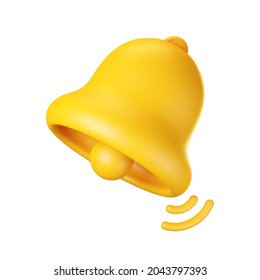 3d notification bell icon isolated on white background. 3d render yellow ringing bell with new notification for social media reminder. Realistic vector icon