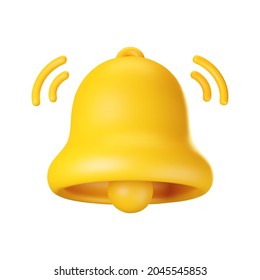 3d notification bell icon isolated on white background. 3d render yellow ringing bell with new notification for social media reminder. Realistic vector icon