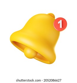 3d notification bell icon isolated on white background. 3d render yellow ringing bell with new notification for social media reminder. Realistic vector icon