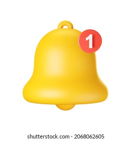 3d notification bell icon isolated on white background. 3d render yellow ringing bell with new notification for social media reminder. Realistic vector icon