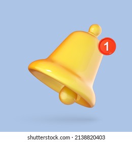 3d notification bell icon isolated on blue background. 3d  yellow ringing bell with new notification for social media reminder. 3d cartoon vector illustration.