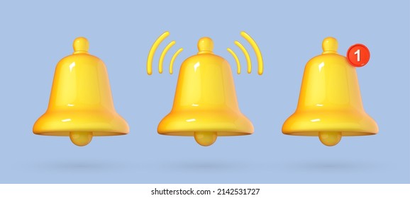 3D notification bell icon isolated on blue background.  Yellow ringing bell with new notification for social media reminder. 3d cartoon vector illustration.