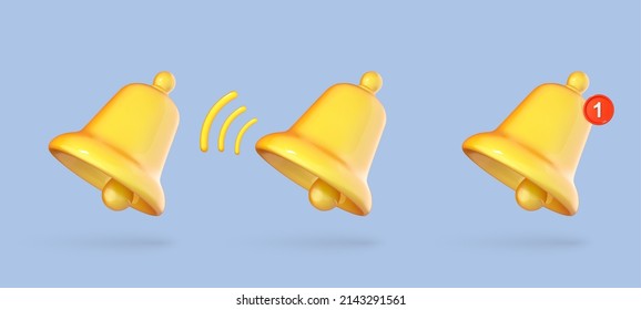 Icono de timbre de notificación 3D aislado en fondo azul.  Campanilla amarilla con nueva notificación para recordatorio en medios sociales. Ilustración vectorial de dibujos animados 3d.