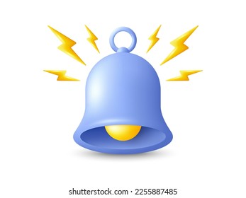 3d notification bell icon. Realistic render blue ringing bell. Subscription reminder alert. Application alarm icon, new message reminder notice. Promo offer notification alert. Vector