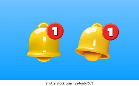 Icono de timbre de notificación 3d conjunto aislado en fondo azul. 3d hacer sonar campanilla amarilla con nueva notificación para recordatorio en medios sociales. Icono vector realista