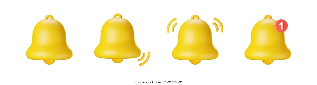 3d notification bell icon set isolated on white background. 3d render yellow notification ringing bell for social media reminder. Realistic vector icon