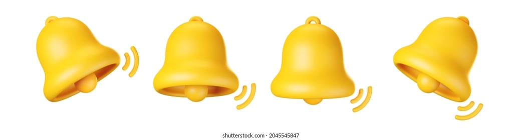 3d notification bell icon set isolated on white background. 3d render yellow ringing bell with new notification for social media reminder. Realistic vector icon