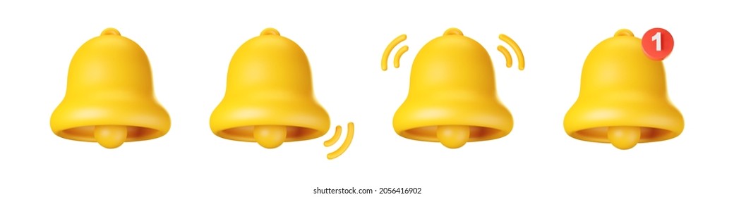 3d notification bell icon set isolated on white background. 3d render yellow ringing bell with new notification for social media reminder. Realistic vector icon