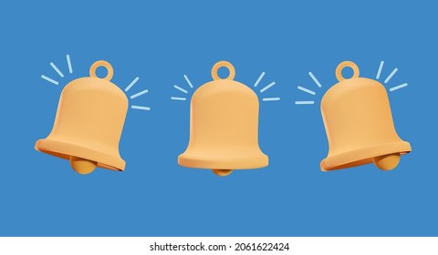 3d notification bell icon set isolated on white background. 3d render yellow ringing bell with new notification for social media reminder. Realistic vector icon. Notification message bell icon alert