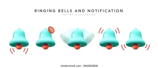 3d notification bell icon set isolated on white background. 3d render ringing bell with new notification for social media reminder. Vector illustration 