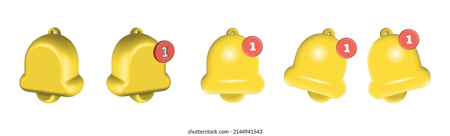 3d notification bell icon set isolated on white background. 3d render yellow ringing bell with new notification for social media reminder. Realistic vector icon.
