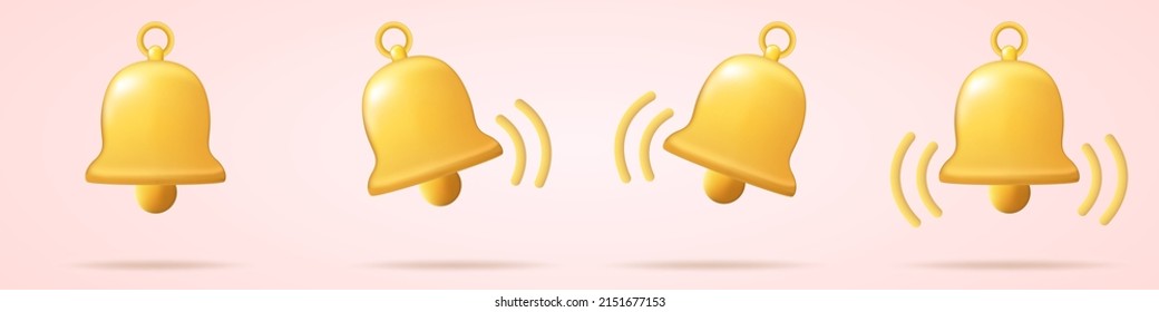 3d notification bell icon set isolated on white background. 3d render yellow ringing bell with new notification for social media reminder. icon vector illustration.
