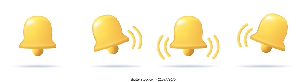 3d notification bell icon set isolated on white background. 3d render yellow ringing bell with new notification for social media reminder. icon vector illustration.