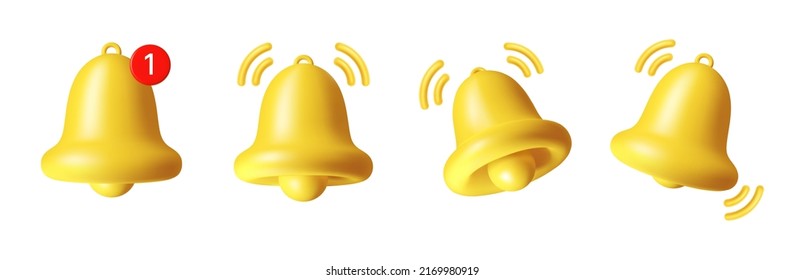 3d notification bell icon set isolated on white background. Vector illustration of yellow ringing bell with new notification for social media reminder. Realistic notice event sign, new message symbol