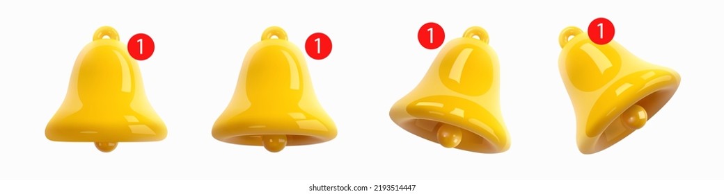 3d notification bell icon set isolated on white background. 3D render of a glossy yellow bell with a new social media reminder notification. Different positions in space. Realistic Vector Icon