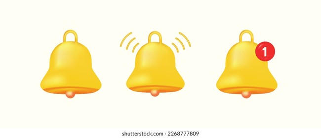 Icono de timbre de notificación 3d aislado en fondo blanco. 3d hacer sonar la campana amarilla con una nueva notificación para recordatorio en medios sociales. Icono vector realista