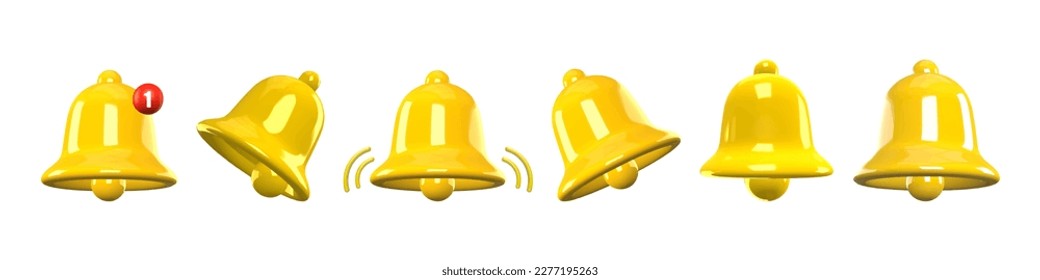 3d notification bell icon set isolated on white background. 3d render yellow ringing bell with new notification for social media reminder. Realistic vector icon